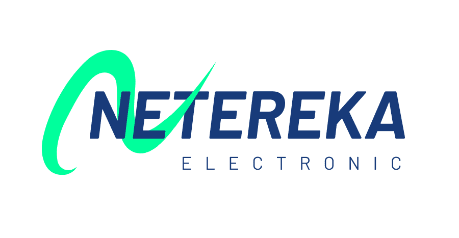 Logo de Netereka Electronic, montrant un texte stylisé en bleu avec un motif vert en forme de vague autour de la lettre 'N'. Arrière-plan blanc.